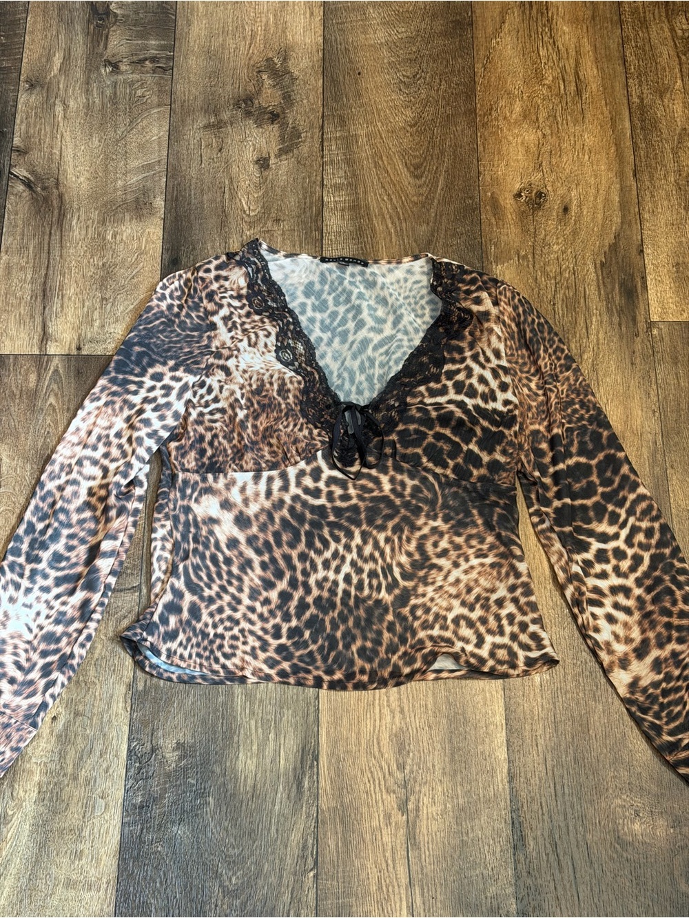 Sheer Leopard Print Lace-Trim Long Sleeve Top - Brown
